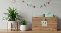 Nursery Crate with Plush Cushions and Green Plants in Modern Home