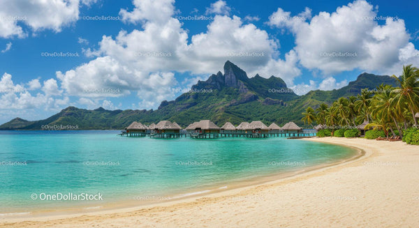 Tropical Island Beach with Overwater Bungalows and Mountain View