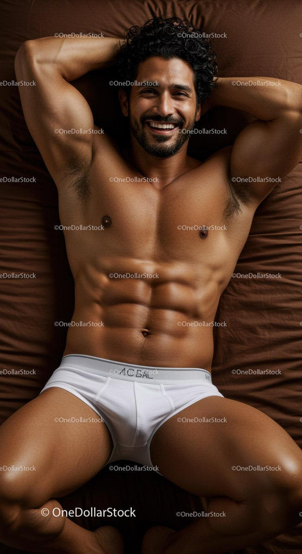 Smiling muscular man relaxing in white underwear on bed