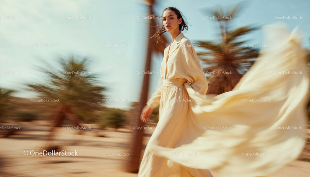 Elegant Woman in Flowing Dress Moving Through Desert Landscape