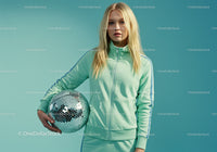 Young Woman in Mint Green Tracksuit Holding Disco Ball in Studio