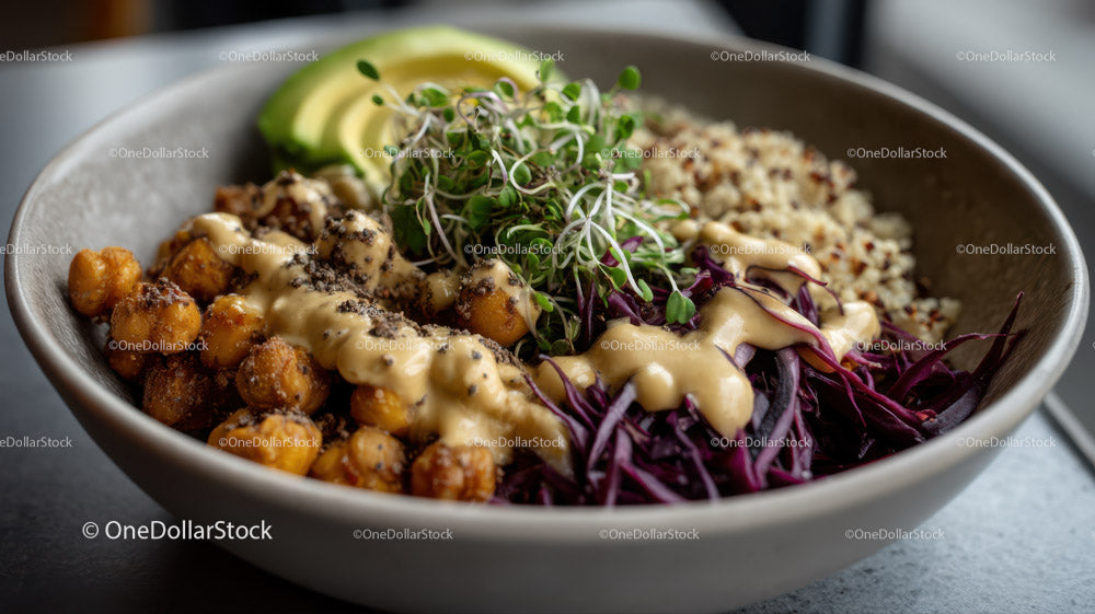 Vegetarian Chickpea Salad with Quinoa and Cabbage Slaw in a Bowl