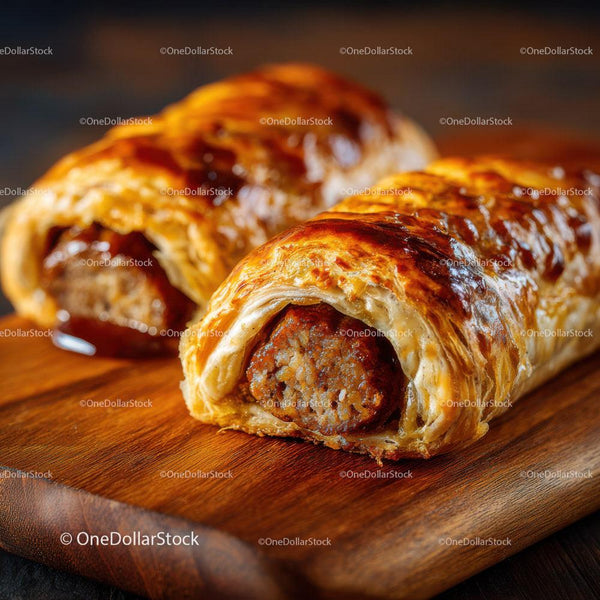 Golden Sausage Rolls on Wooden Board