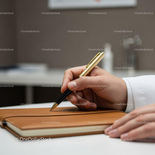 Eleganckie złote i czarne pióro piszące w skórzanym notatniku na biurku w biurze