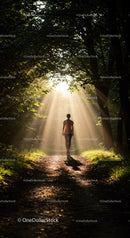 Woman Walking Through Sunlit Forest Pathway