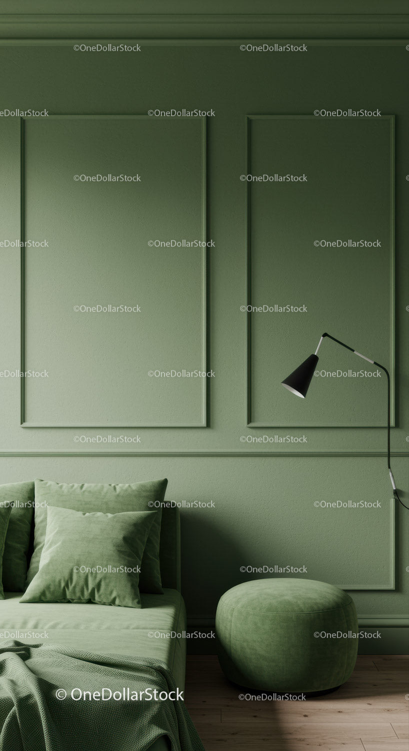 Stylish Green Wall with Wall Panels and Modern Living Room Decor