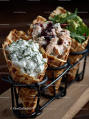 Assorted Waffle Cones with Creamy Dip and Berry Topping