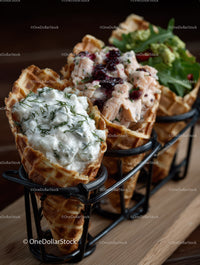 Assorted Waffle Cones with Creamy Dip and Berry Topping