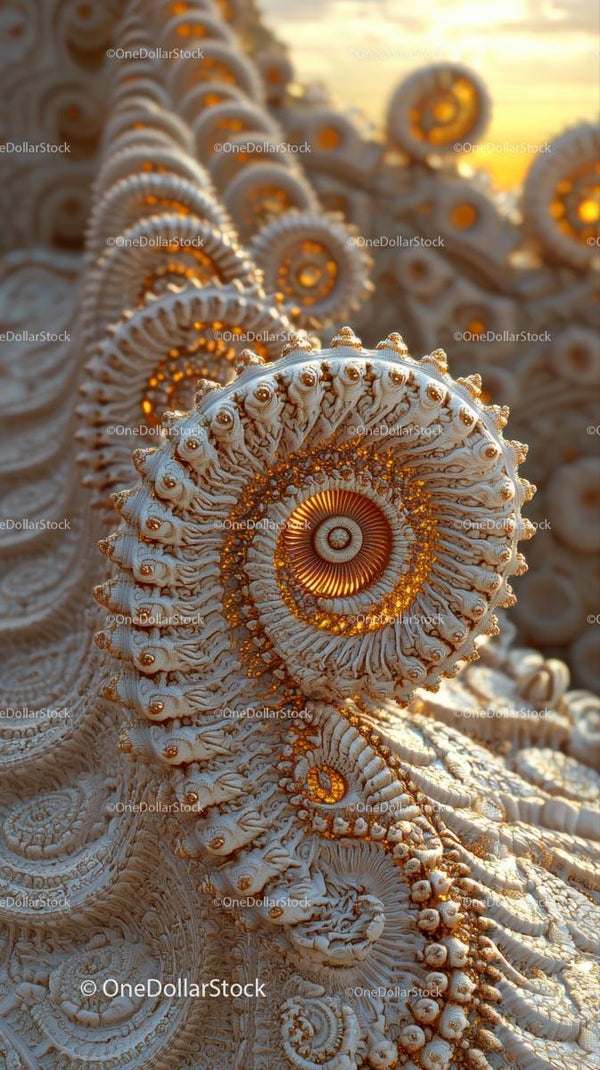 Zbliżenie na misternie spiralne muszle z złotymi akcentami