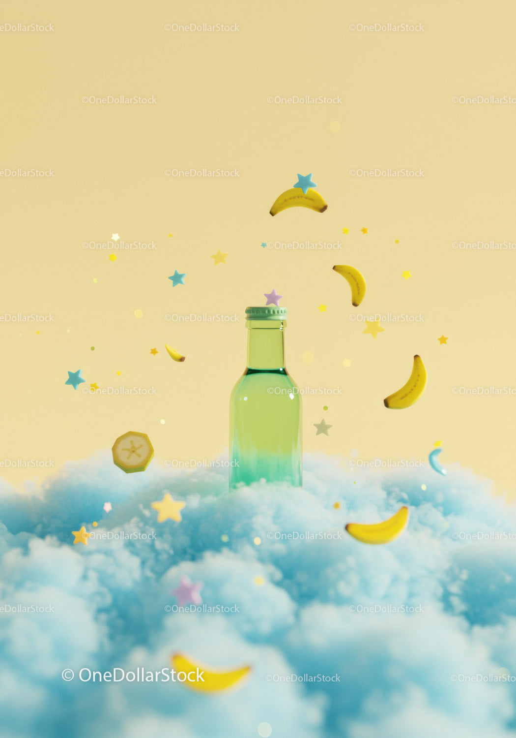 Creative green bottle surrounded by floating bananas and stars