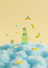 Creative green bottle surrounded by floating bananas and stars