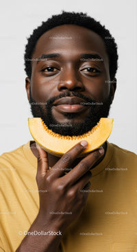 Portrait of Black Man Holding Melon Slice with Bright Background