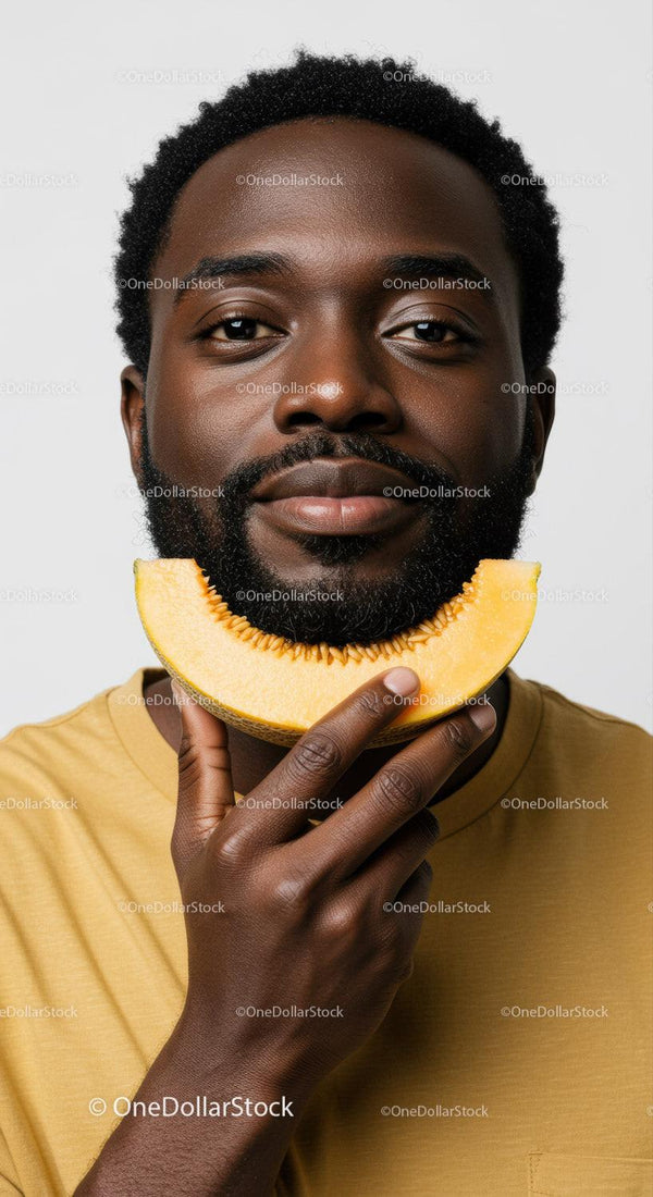 Portrait of Black Man Holding Melon Slice with Bright Background