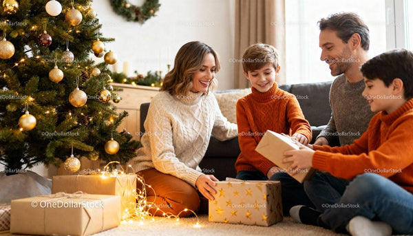 Family Unwrapping Christmas Gifts Together Indoors