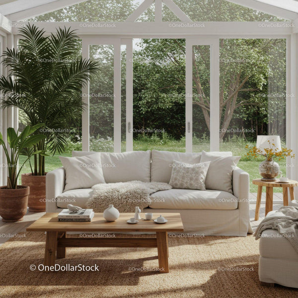 Cozy living room with natural light and greenery views