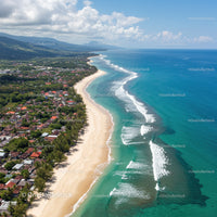 Scenic Turquoise Ocean View with White Sand Beach and Coastal Village