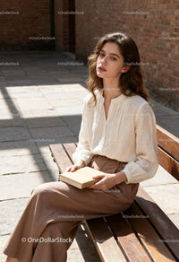 Calm young woman sitting on bench with book outdoors