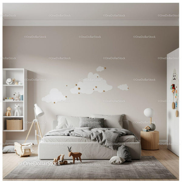 Children Bedroom with Cloud Wall Decals and Wooden Toys