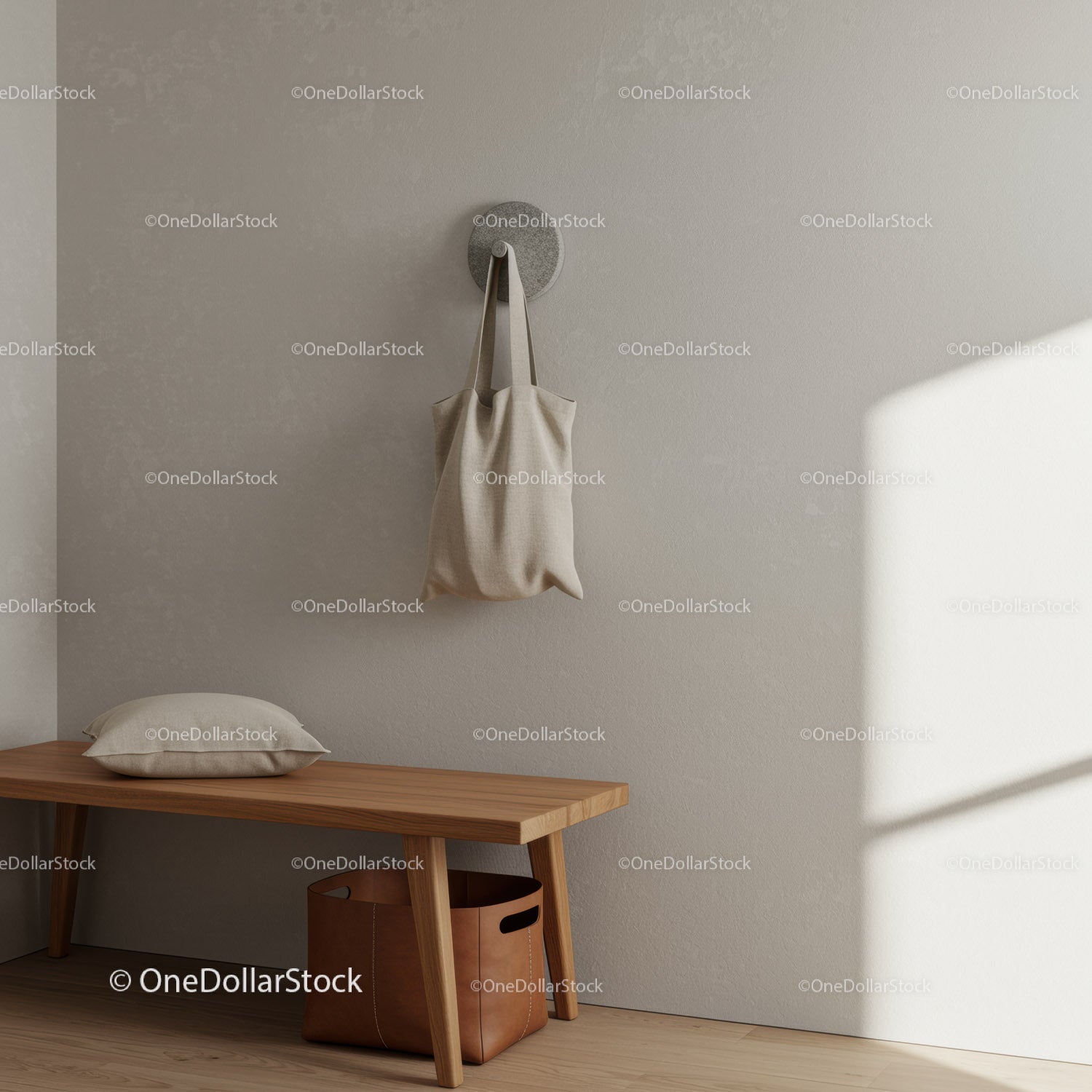 Neutral Beige Fabric Bag Hanging on Wall Hook in Cozy Interior