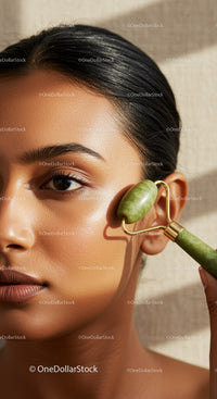 Close-Up of Woman Using Jade Roller for Facial Massage and Skin Care