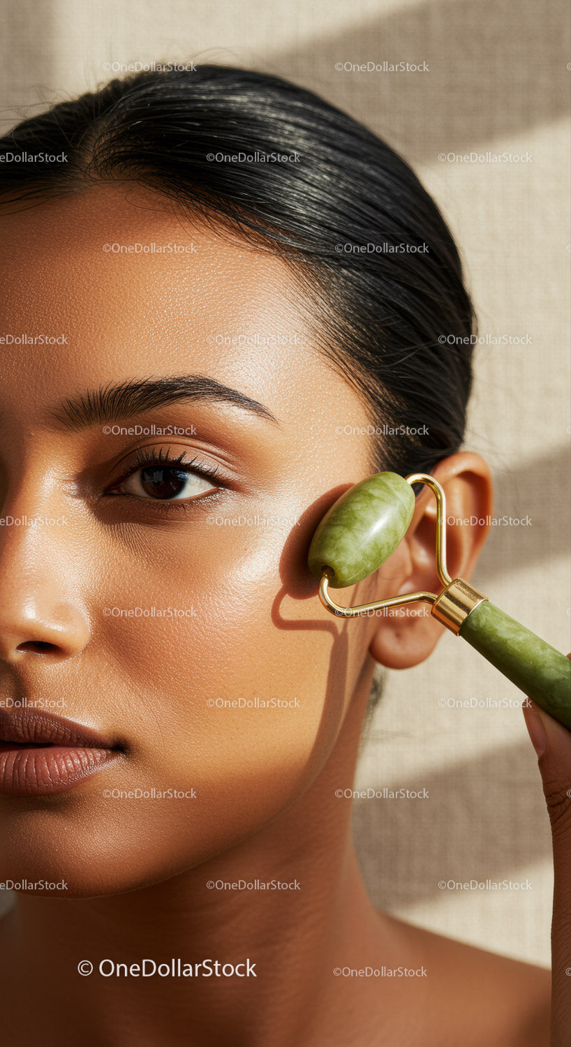 Close-Up of Woman Using Jade Roller for Facial Massage and Skin Care