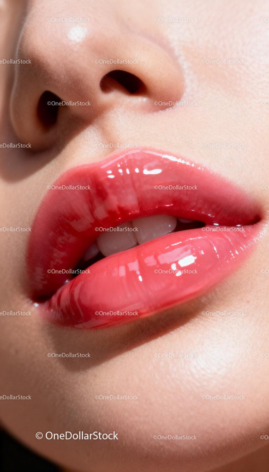 Close-up of glossy red lips with smooth skin texture