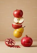 Stacked fresh apples and pear slices with pomegranates