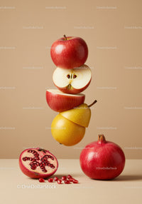 Stacked fresh apples and pear slices with pomegranates