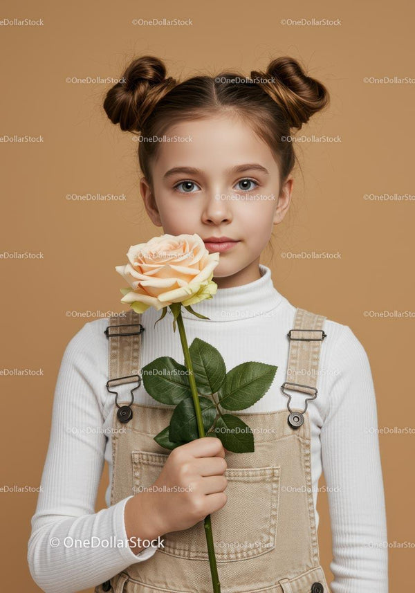 Young Girl Holding Pink Rose Portrait with Innocent Expression