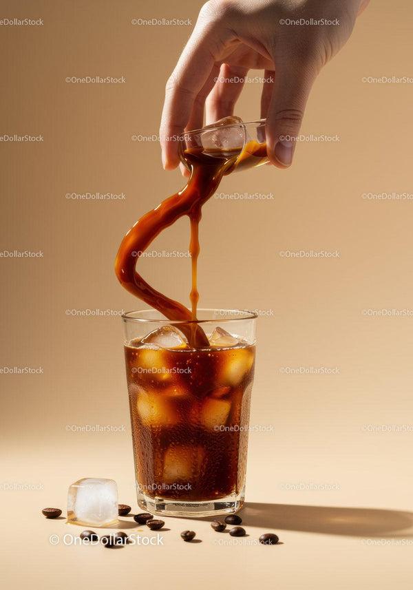 Hand Pouring Iced Coffee Over Glass with Coffee Beans