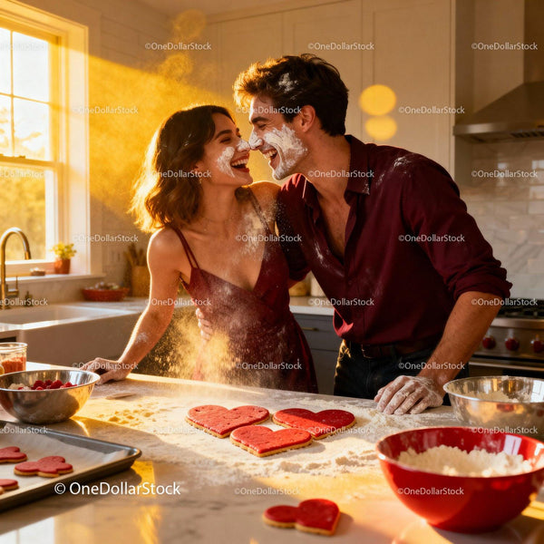 Couple Laughing While Baking Heart Shaped Cookies Together