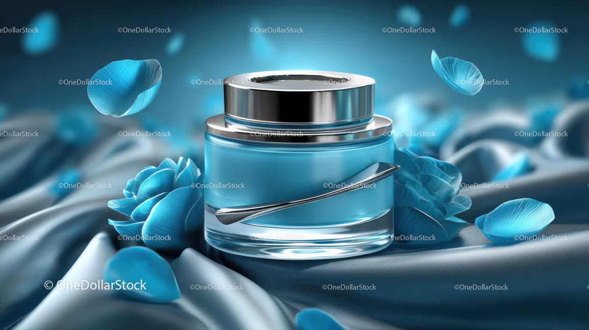 Luxury Blue Cosmetic Jar Surrounded by Elegant Floral Accents