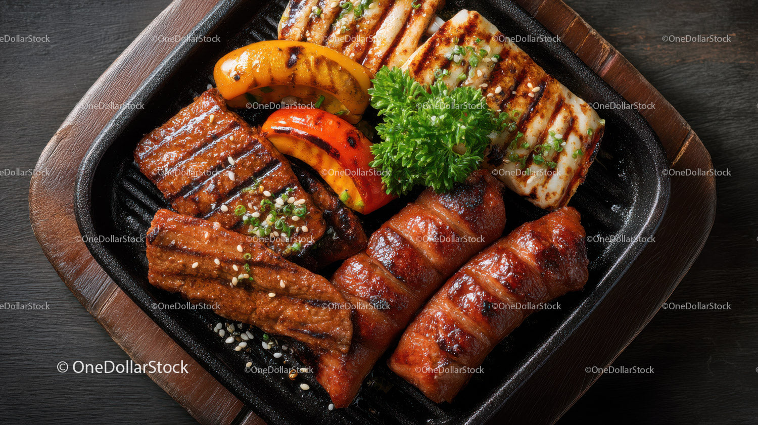 Grilled Meat Platter with Ribs Chicken Bell Peppers and Parsley