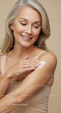 Elegant Mature Woman Applying Lotion for Healthy Glowing Skin