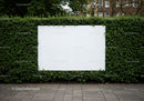 Blank white billboard framed by green hedge outdoors