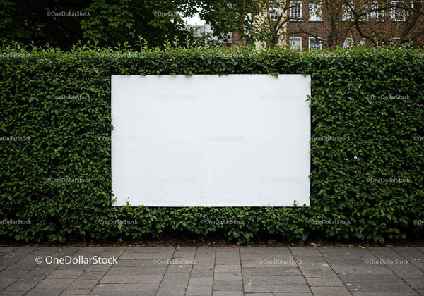 Blank white billboard framed by green hedge outdoors JPG Mockup Image