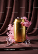 Golden Soda Can with Ice and Pink Smoke on Fabric