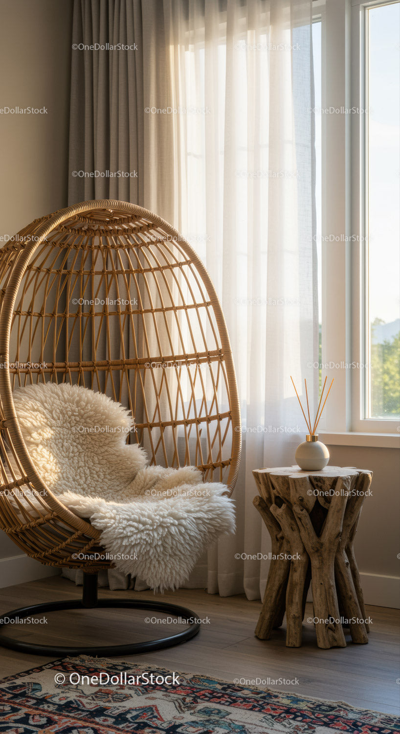 Cozy rattan egg chair with sheepskin by window light