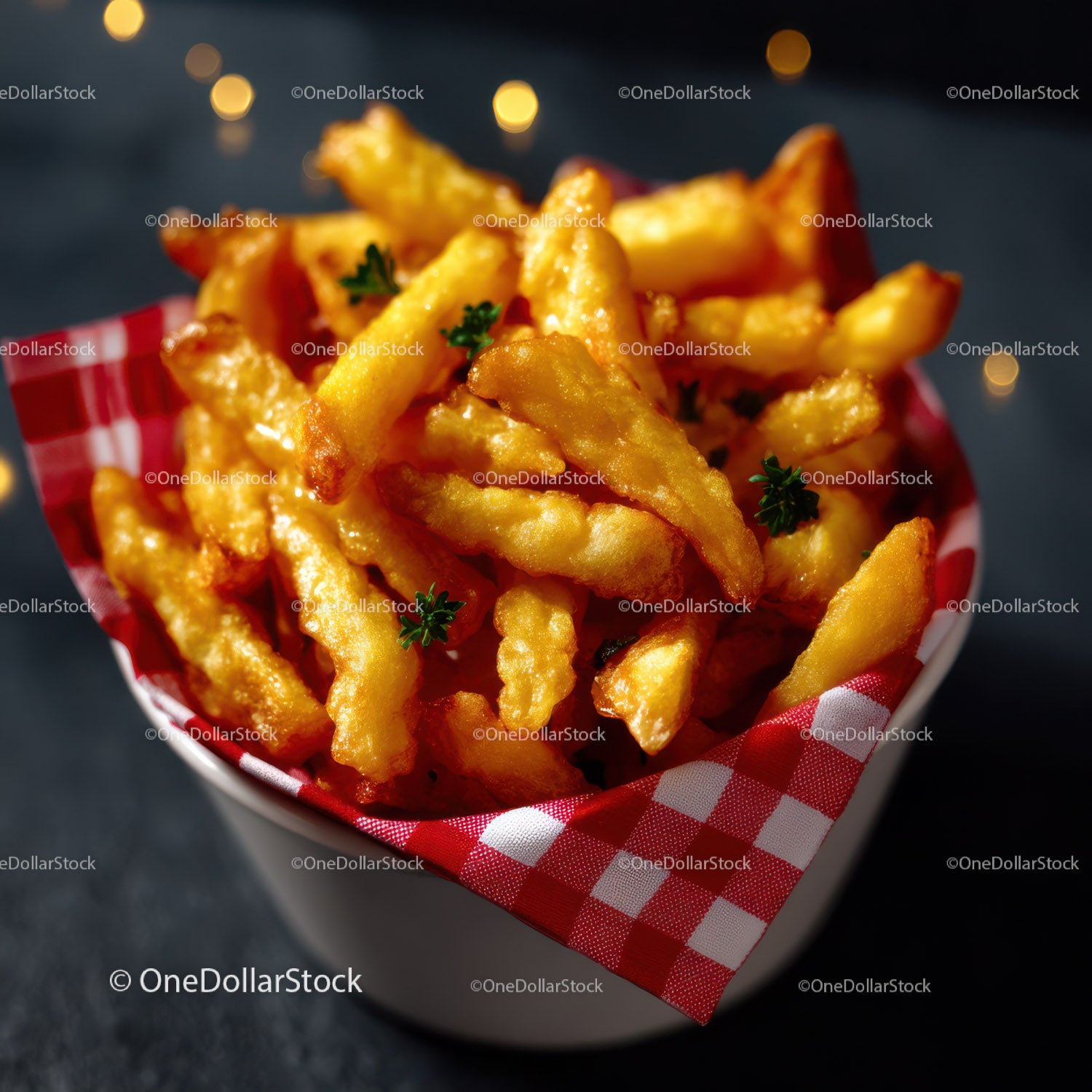 Golden French Fries Crispy Potato Snacks in a White Container