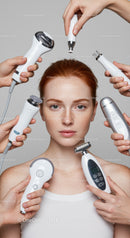 Young Woman with Freckles Using Multiple Skincare Devices for Facial Care