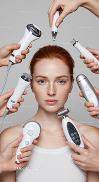 Young Woman with Freckles Using Multiple Skincare Devices for Facial Care