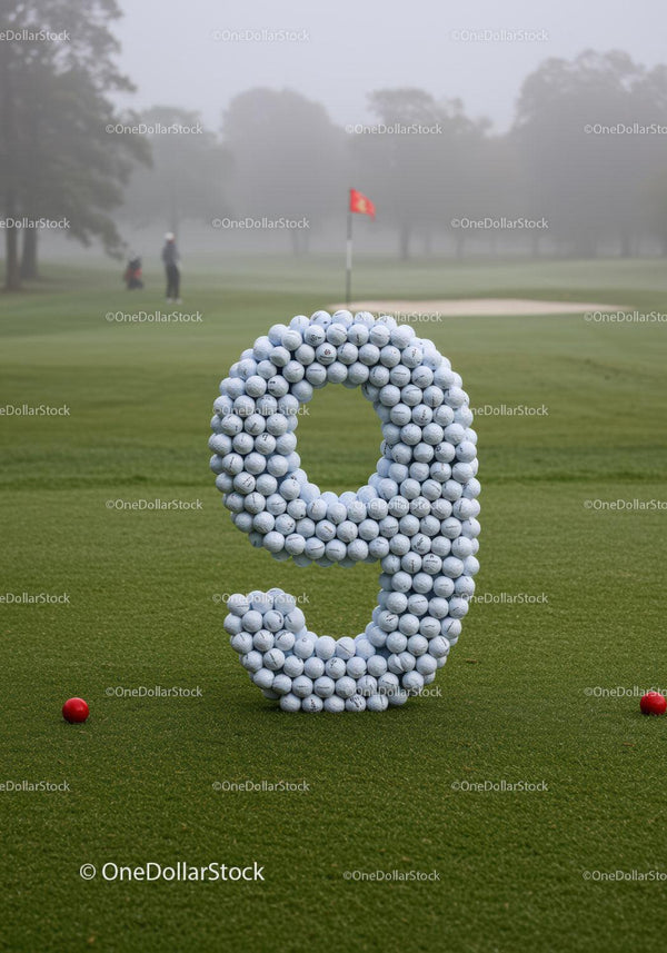 Rzeźba cyfry dziewięć z piłek golfowych na polu golfowym