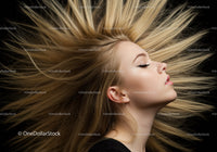Profile of young woman with flowing blonde hair on black background