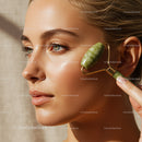 Close-Up of Beautiful Woman with Clear Skin Applying Facial Roller
