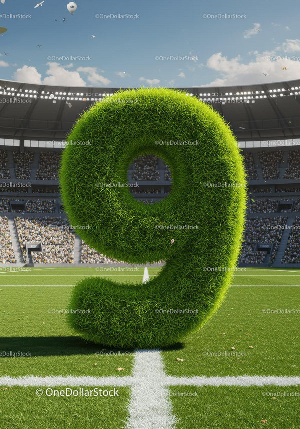 Giant Grass Number Nine in the Middle of Soccer Stadium