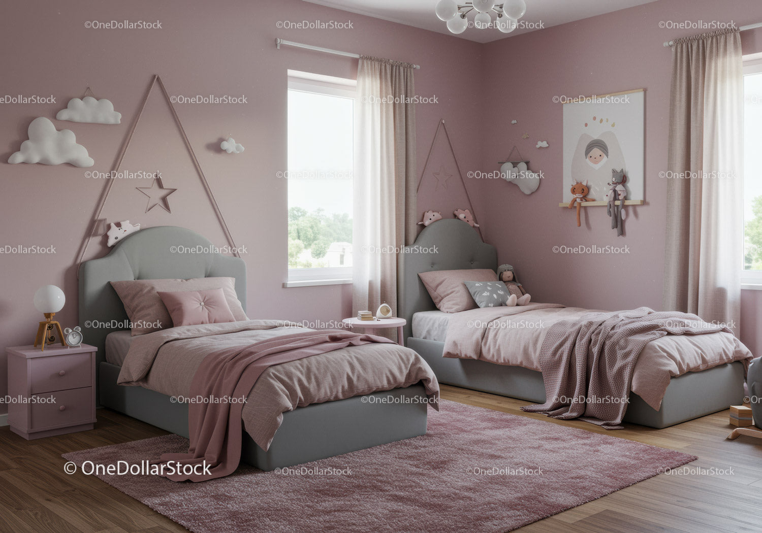 Uroczy pokój dwuosobowy z różowymi ścianami i grafiką chmur