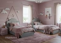 Cute Twin Bedroom with Pink Walls and Cloud Wall Art