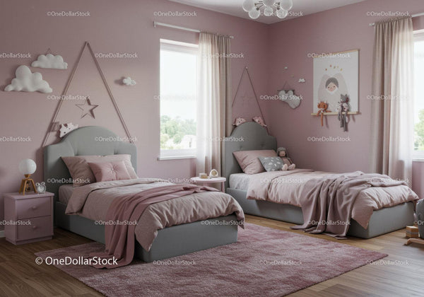 Cute Twin Bedroom with Pink Walls and Cloud Wall Art