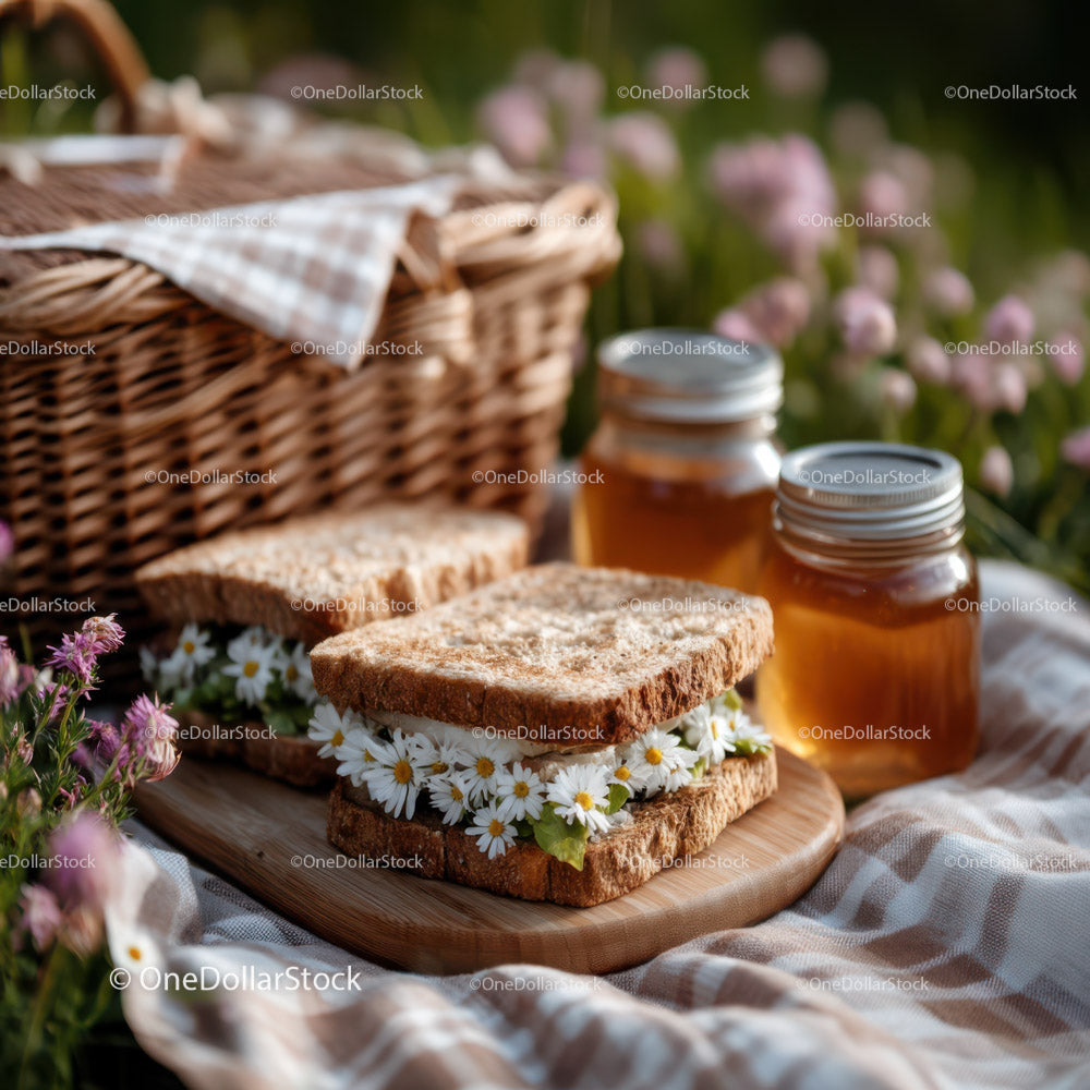 Sandwich with Daisies and Honey Jars on Wooden Platter for Outdoor Picnic
