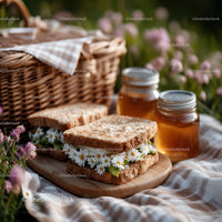 Sandwich with Daisies and Honey Jars on Wooden Platter for Outdoor Picnic